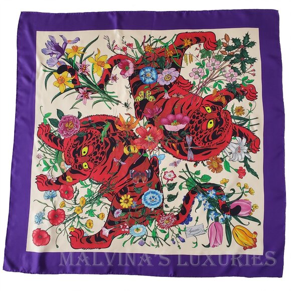 GUCCI SCARF SILK TIGER ICONIC FLORA PRINT SQUARE VIBRANT FOULARD 35" - Picture 4 of 16